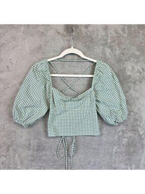 Isalis Blouse Womens S Green Square Neck Puff Sleeve Gingham Cropped Lace Up